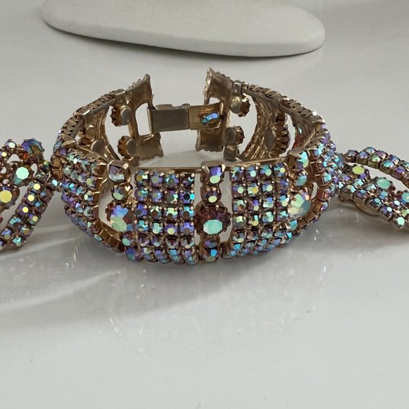 GLAMOROUS VINTAGE WIDE AB Rhinestone JEWELRY SET BRACELET EARRINGS CONTINENTAL - Picture 12 of 12